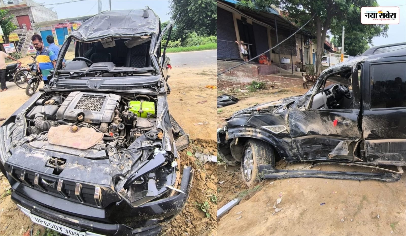 जौनपुर अनियंत्रित स्कॉर्पियो खंभे से लड़ी बाल बाल बचे लोग