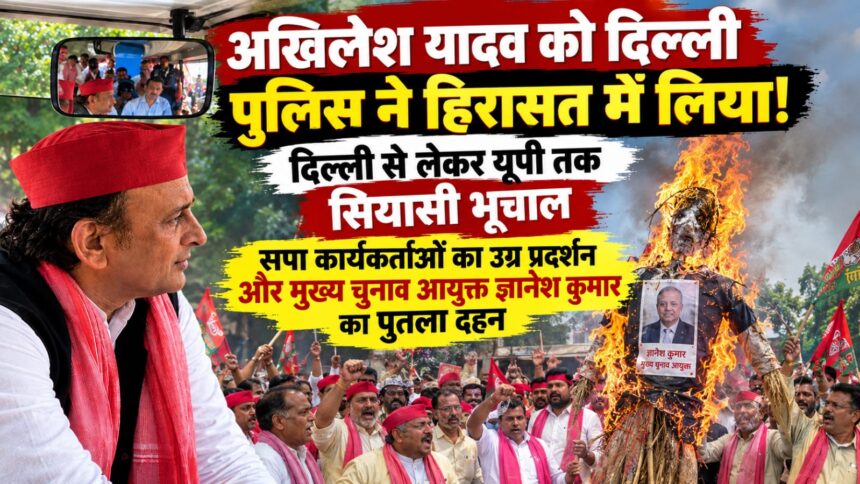 अखिलेश यादव की हिरासत के खिलाफ उत्तर प्रदेश में प्रदर्शन करते समाजवादी पार्टी के कार्यकर्ता